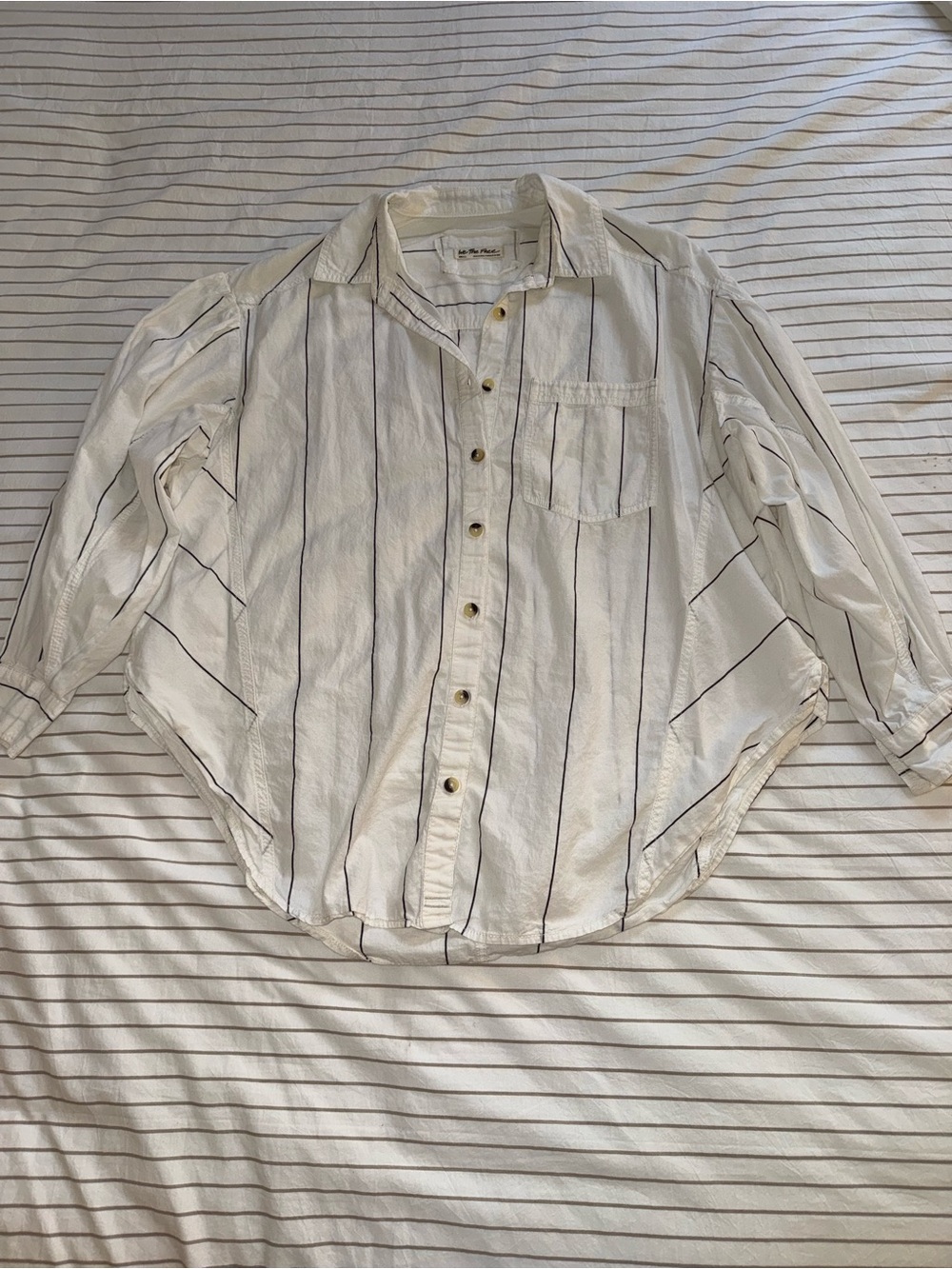 Free People White Button-Down Shirt with Black Pinstripes